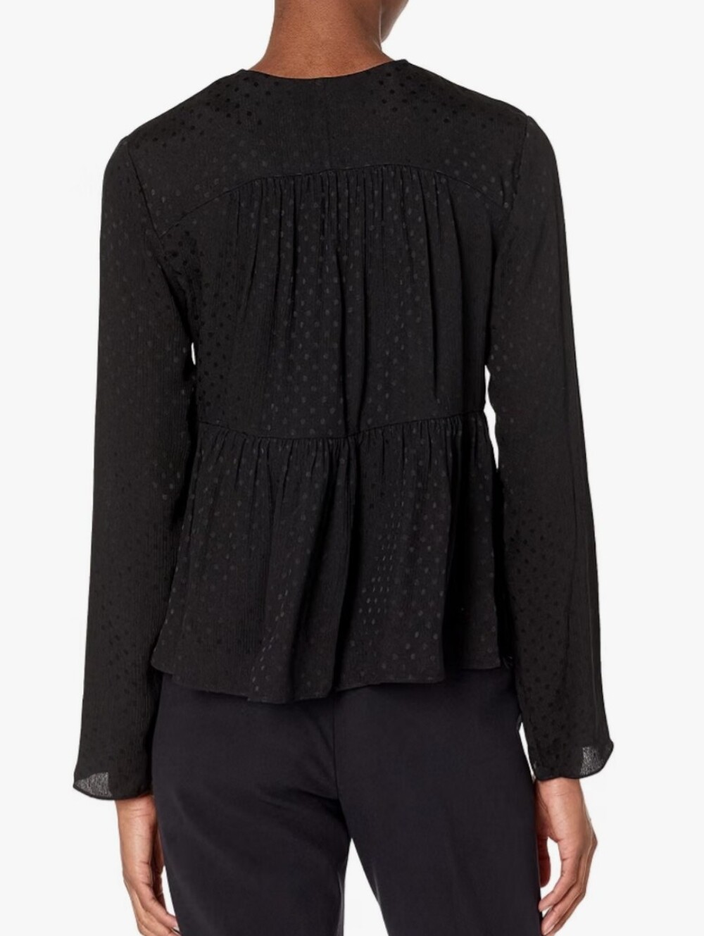 VINCE  Black Dot Jacquard Ruched Long Sleeve Silk Chiffon Blouse - Picture 2 of 5